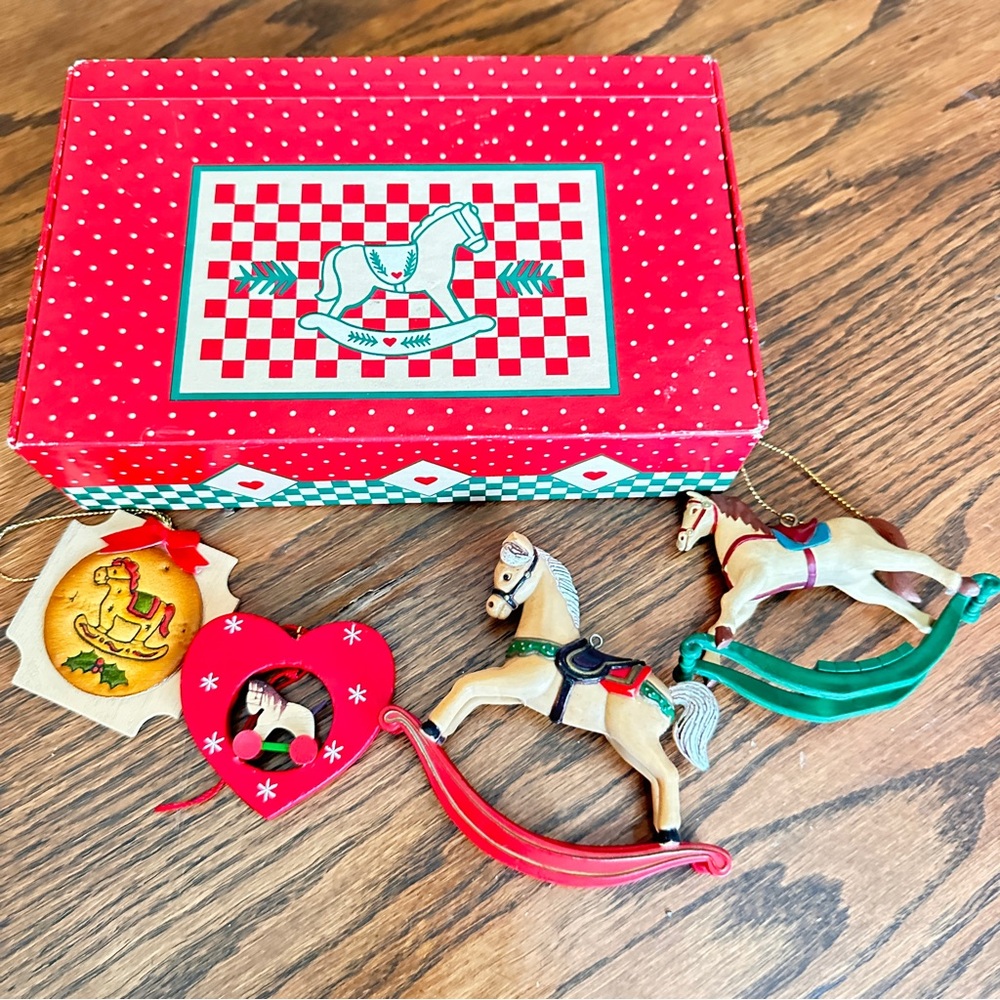 Vintage Rocking Horse Christmas Ornament Set & Pencil box